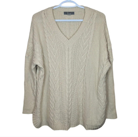 Natural Cream V Neck Cable Knit Sweater Womans Small - Picture 1 of 8